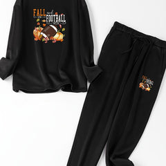 Rugby & Pumpkin Print Fleece Top & Joggers Pajama Set
