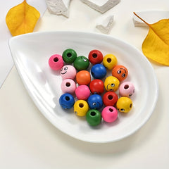 20pcs Colorful Happy Face Doll Head Wooden Beads 14mm DIY Bead Accessories