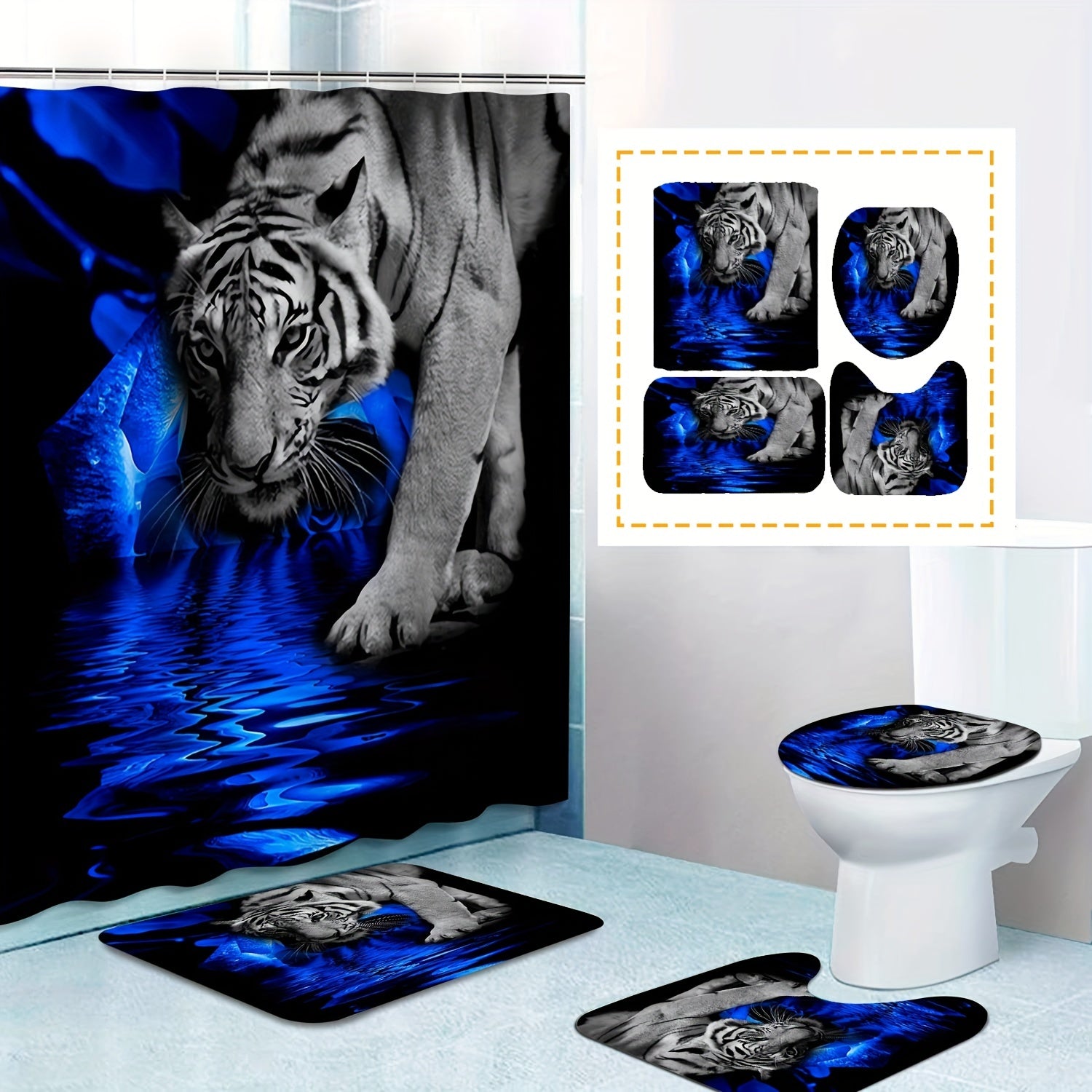 4pcs Tigers Flower Print Shower Curtain Set with Bath Rugs and Toilet Lid Mat