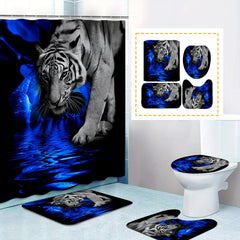 4pcs Tigers Flower Print Shower Curtain Set with Bath Rugs and Toilet Lid Mat