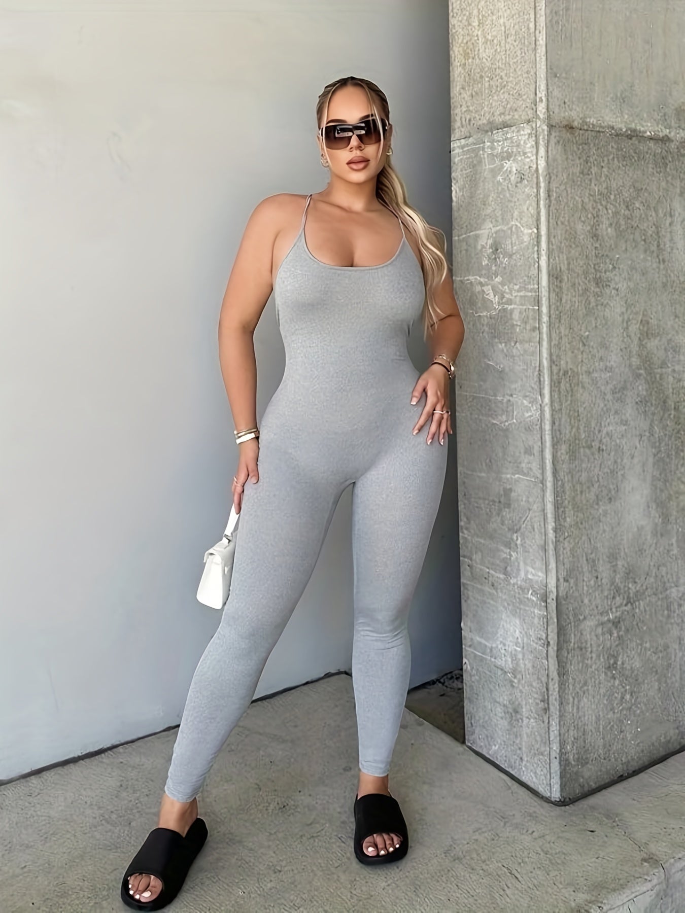 Solid Slim Cami Jumpsuit Sleeveless Cross Back Jumpsuit