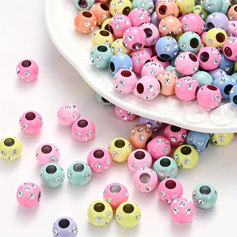 100pcs 8mm Acrylic Beads Large Hole Candy Color Rhinestone Inlaid Loose Beads