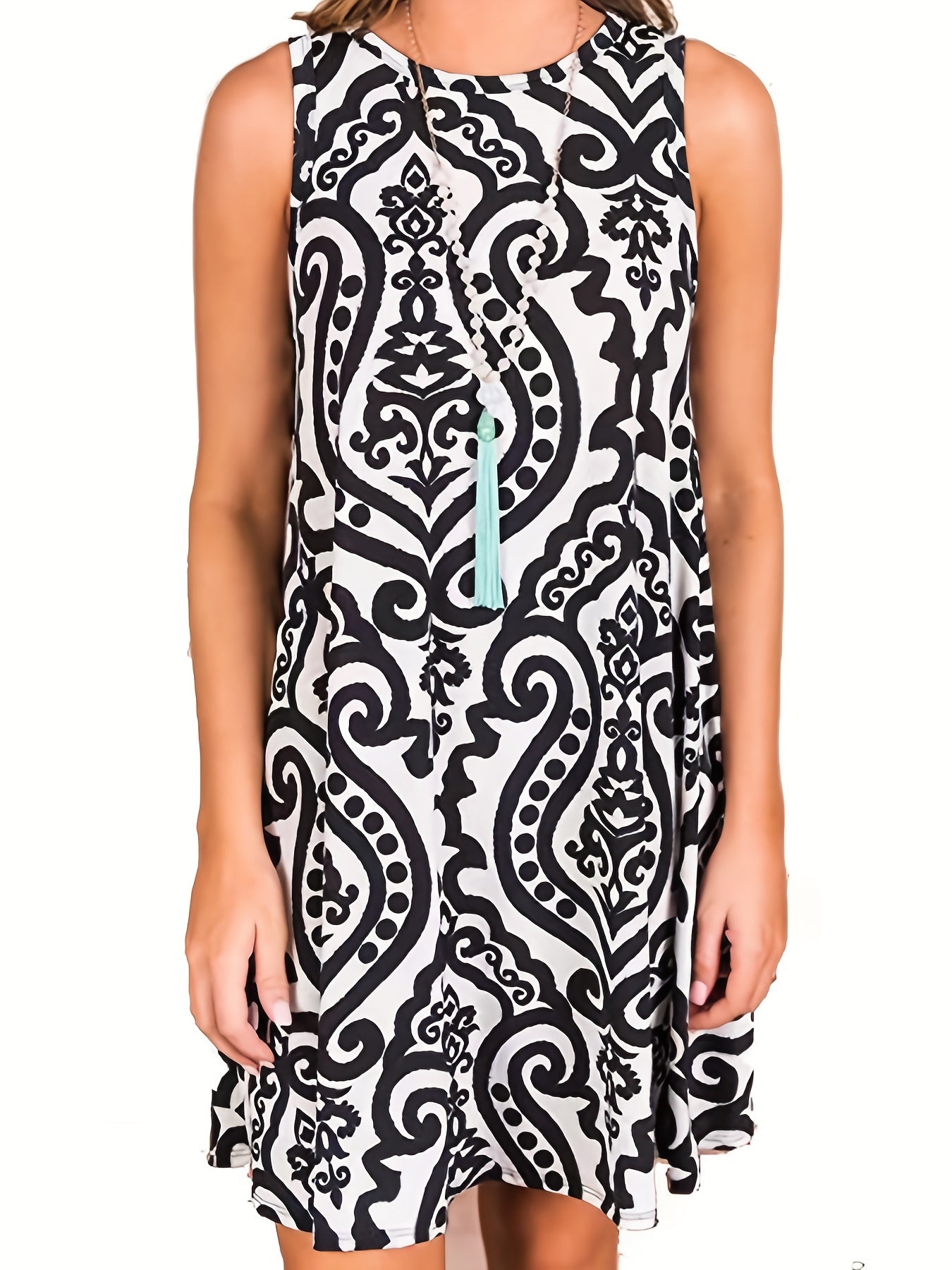 Damask Print Sleeveless Dress Summer Beach Vacation Casual Print