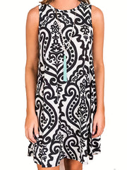 Damask Print Sleeveless Dress Summer Beach Vacation Casual Print