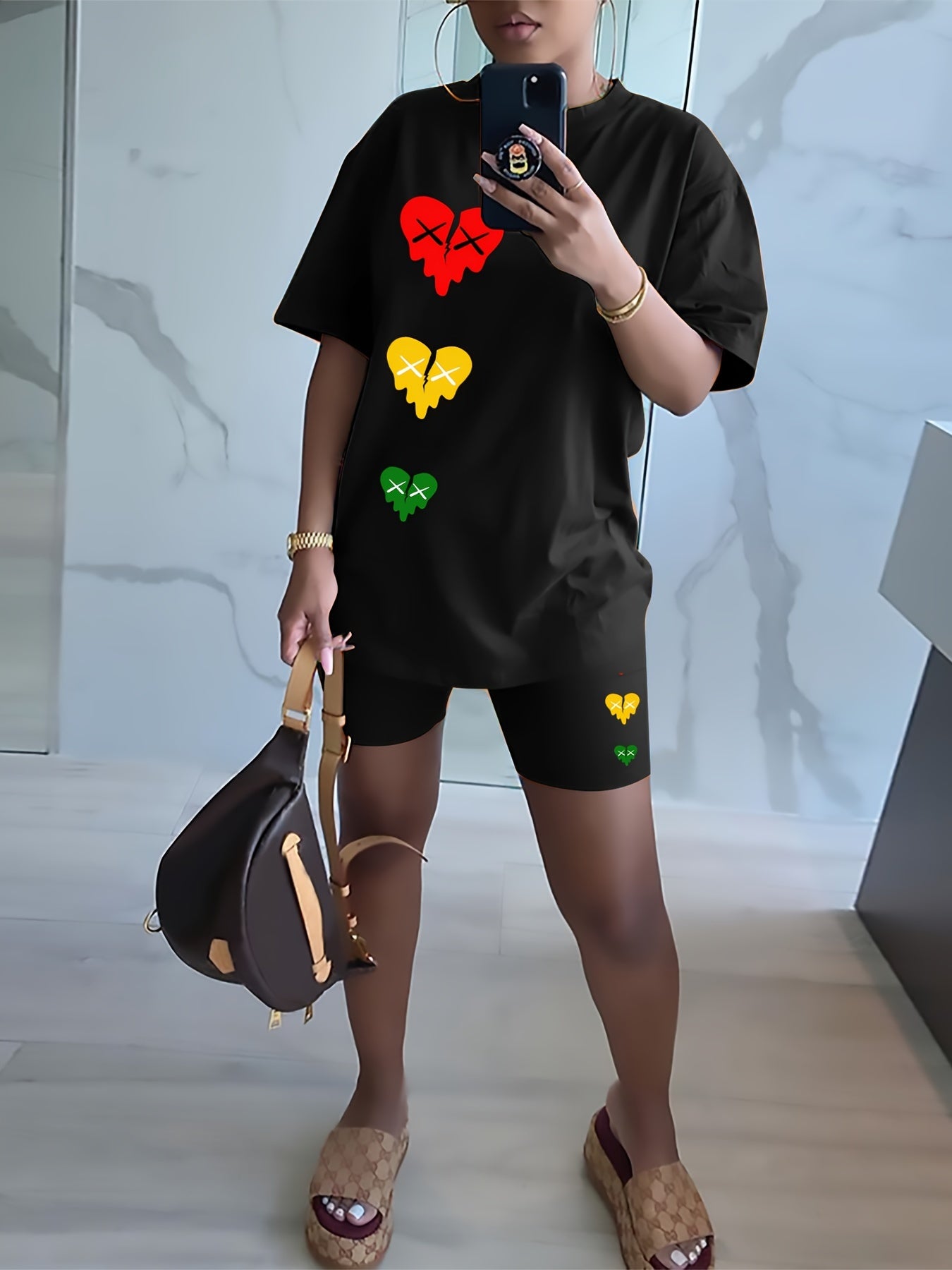 Heart Print Tee & Biker Shorts Set, High Stretch Casual Outfit
