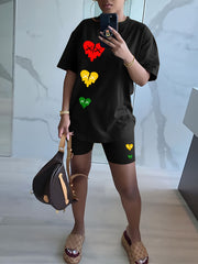 Heart Print Tee & Biker Shorts Set, High Stretch Casual Outfit