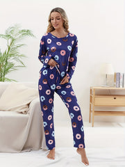 Donut Print Pajama Set Crew Neck Top & Pants Women's Sleepwear