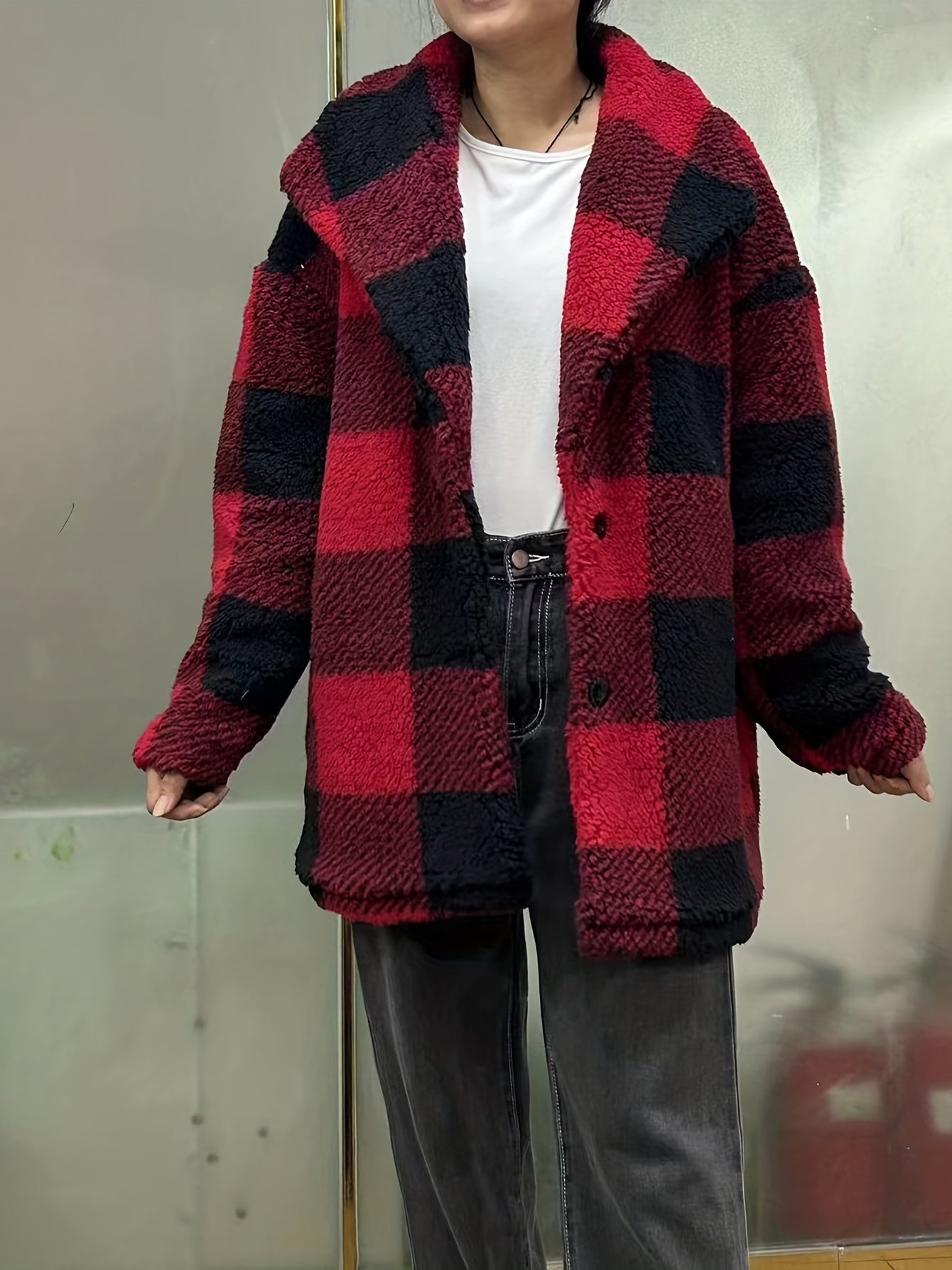 Plaid Print Teddy Coat Waterfall Collar Button Front Warm Outerwear