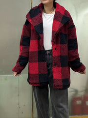 Plaid Print Teddy Coat Waterfall Collar Button Front Warm Outerwear