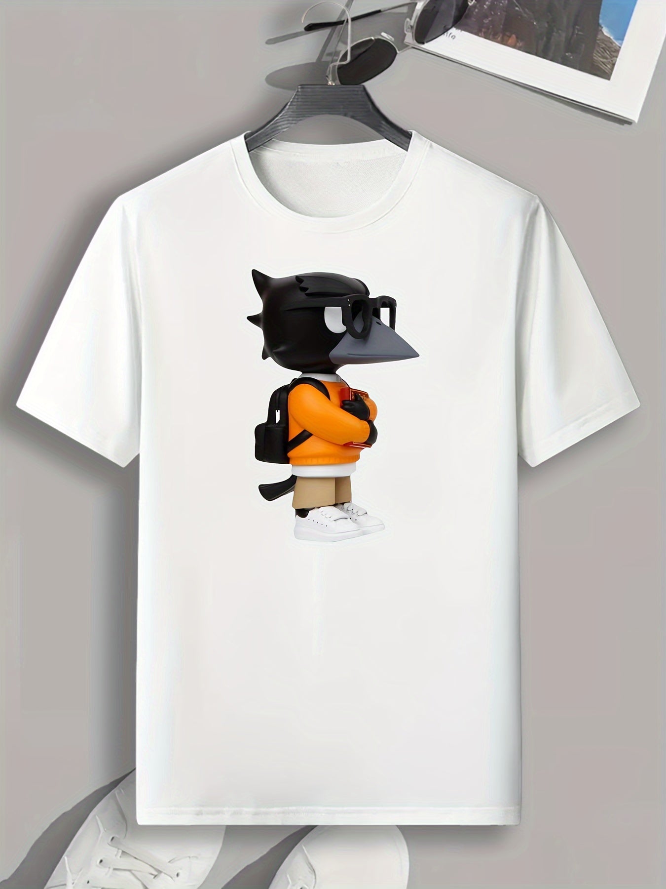 Cartoon Crow Print Men's Comfy T-shirt for Outdoor Summer