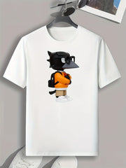 Cartoon Crow Print Men's Comfy T-shirt for Outdoor Summer