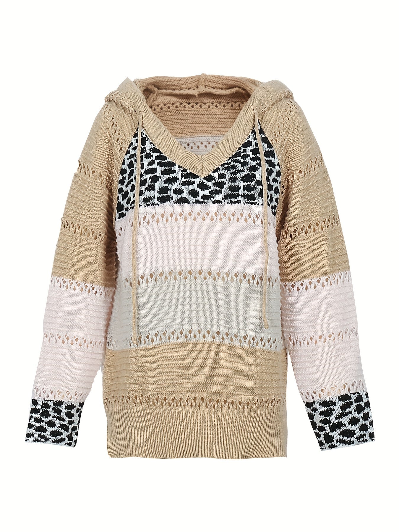 Leopard Patchwork V Neck Hooded Sweater