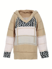 Leopard Patchwork V Neck Hooded Sweater