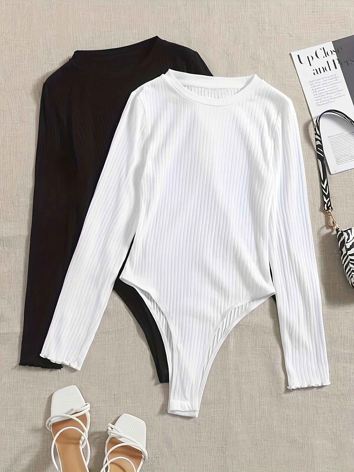 Solid Ribbed Long Sleeve Round Neck Bodysuit