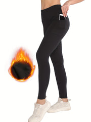 High Waist Fleece Sports Leggings With Pockets
