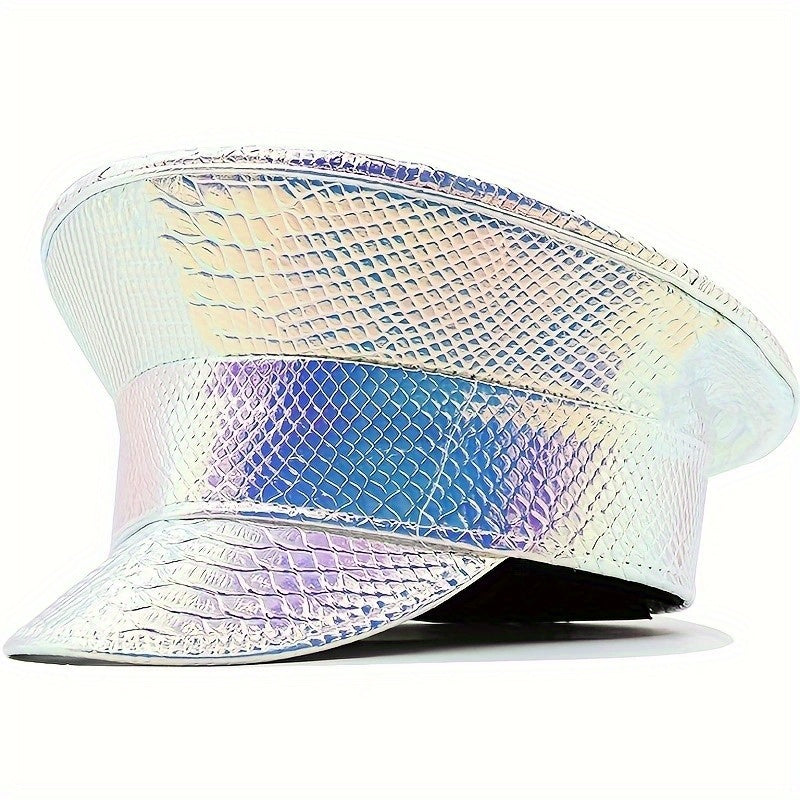 Rainbow Holographic Captain Hat Laser PU Military Hat Hip Hop Beret