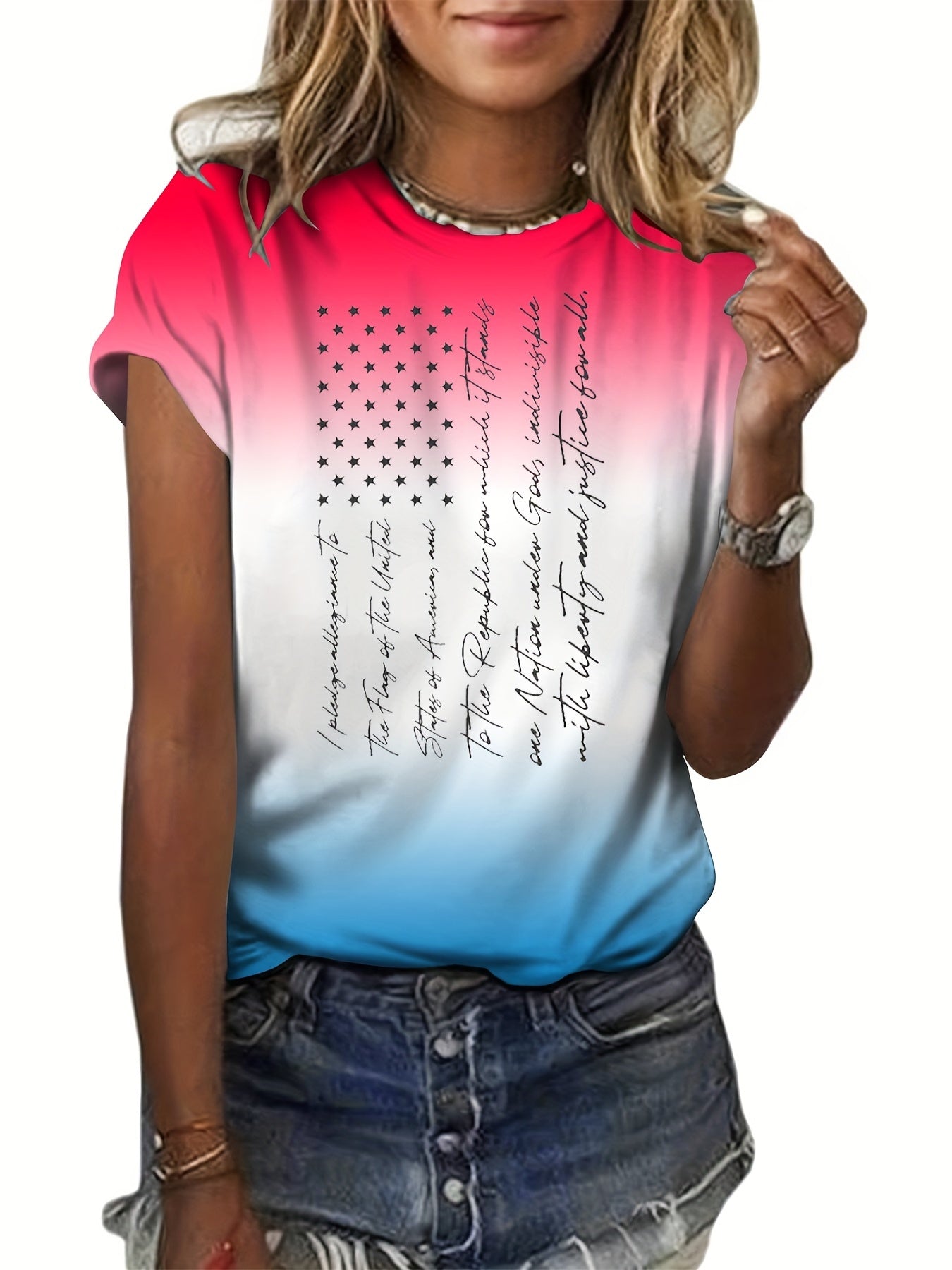 Flag & Letter Print T shirts Round Neck Short Sleeve Casual Top Women's Clothing