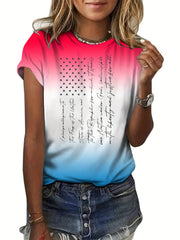 Flag & Letter Print T shirts Round Neck Short Sleeve Casual Top Women's Clothing