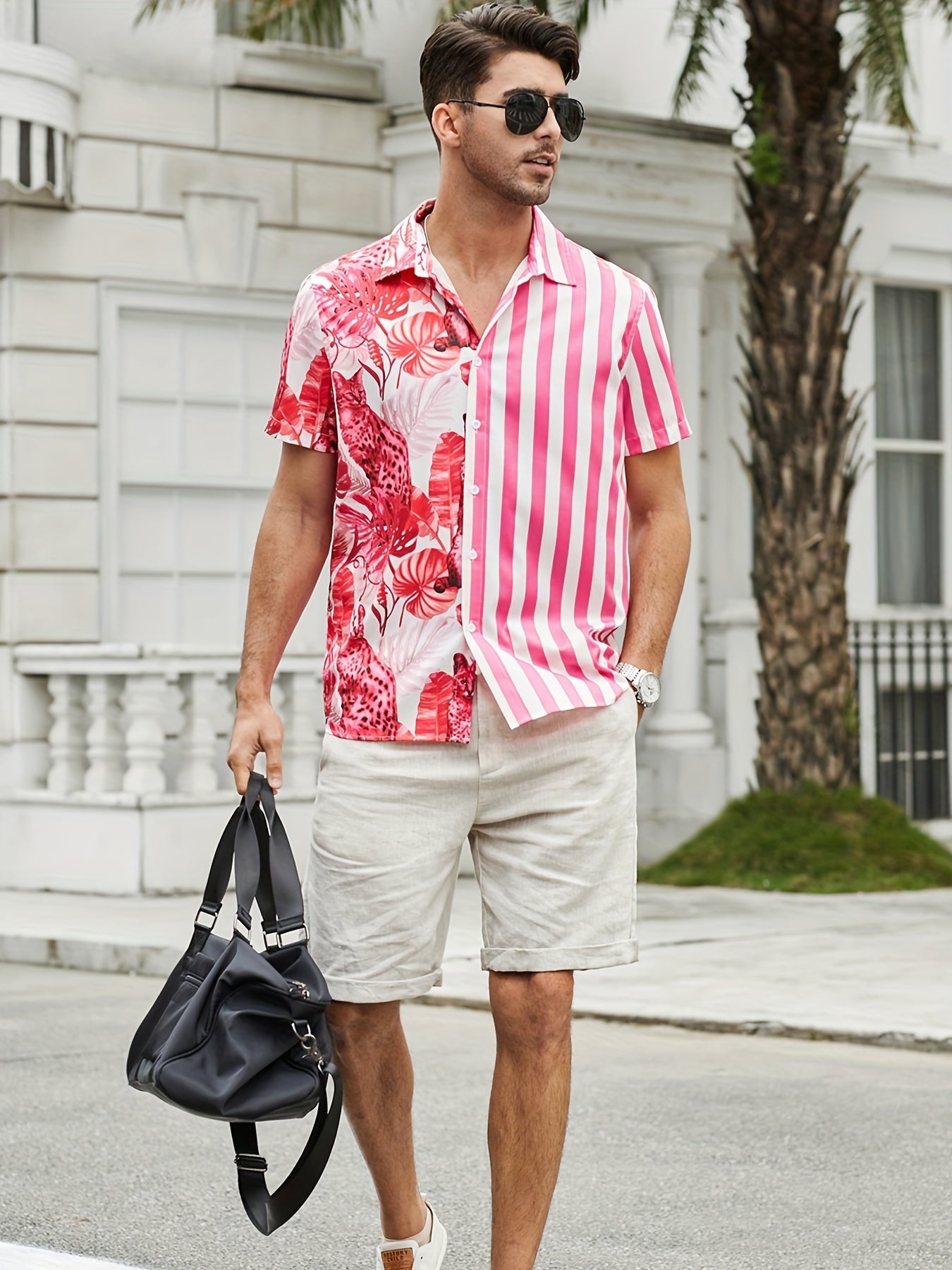 Flamingo Stripe High Stretch Short Sleeve Hawaiian Shirt