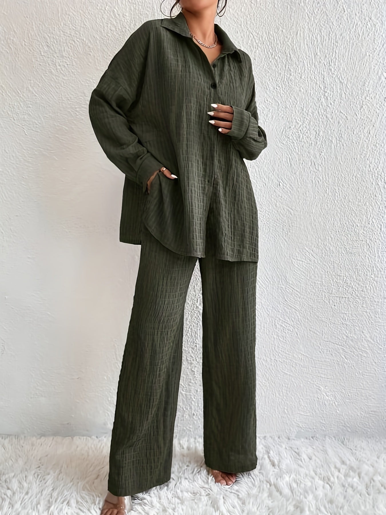 Solid Button-Up Long Sleeve Blouse & Wide Leg Pants Set