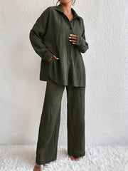 Solid Button-Up Long Sleeve Blouse & Wide Leg Pants Set