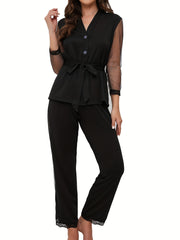Mesh Stitching Lounge Set Long Sleeve V Neck Top & Elastic Waistband Pants