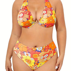 Floral Print Backless Halter Bikini Set Plus Size