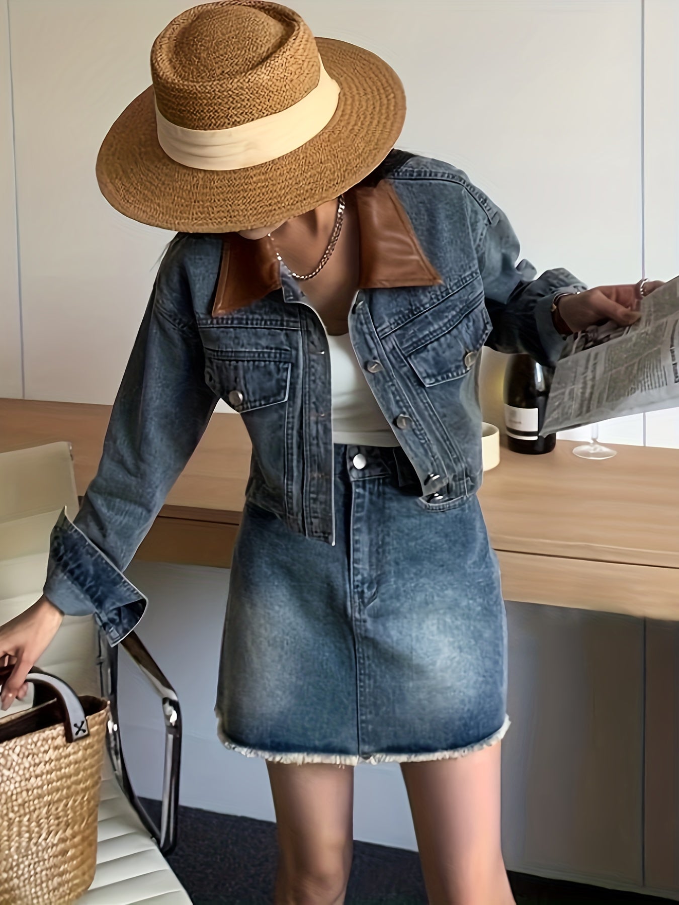 Vintage Denim Crop Jacket Leather Lapel Long Sleeves Front Button Coat
