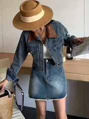 Vintage Denim Crop Jacket Leather Lapel Long Sleeves Front Button Coat