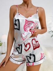 Heart Print Pajama Set V Neck Cami Top & Loose Shorts Women's Sleepwear