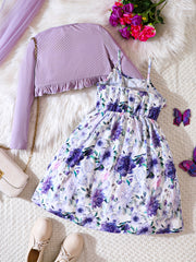Girl's 2pcs Floral A Line Dress & Ruffle Cardigan Set Spring Autumn