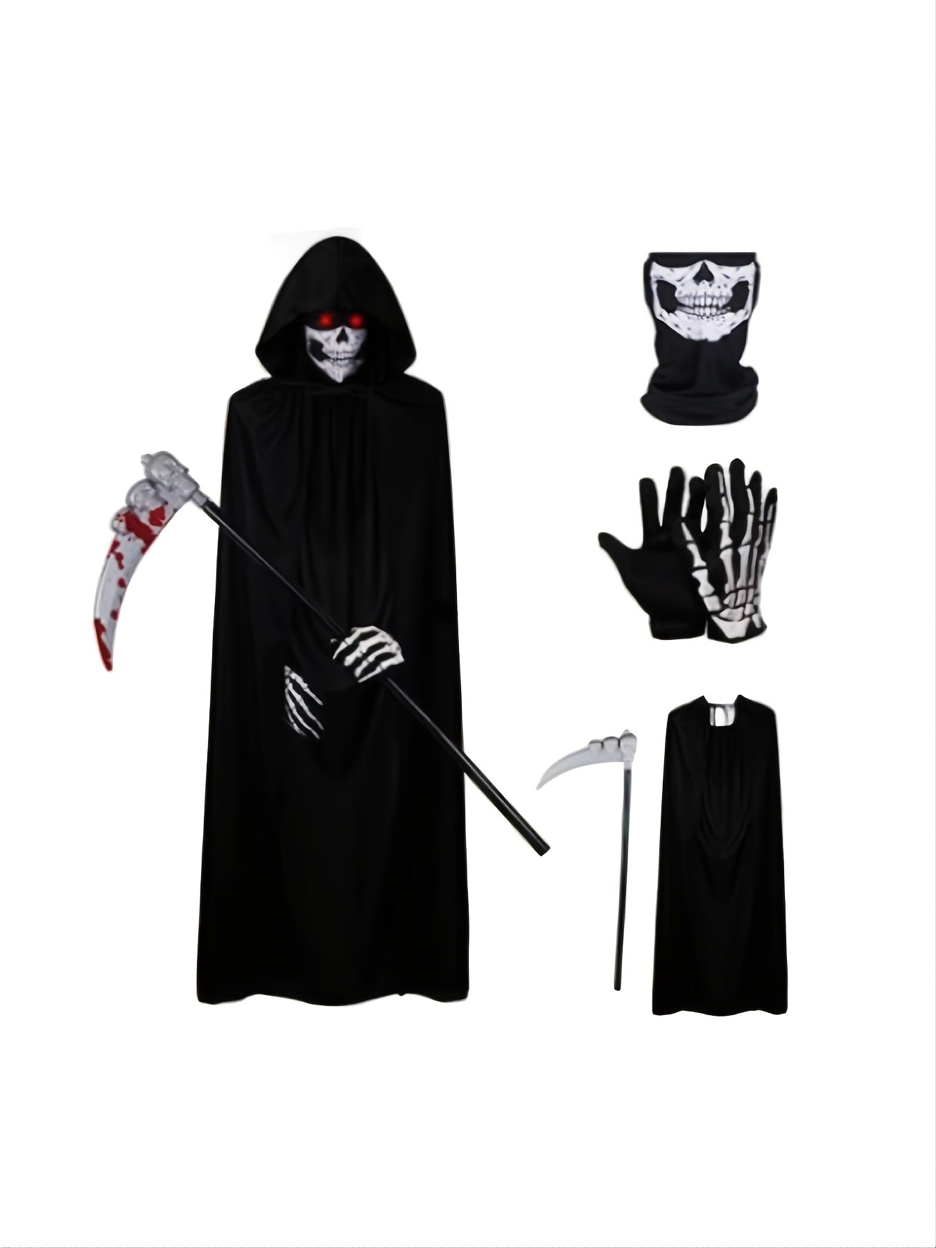 Halloween Adult Grim Reaper Costume Props Set with Mask, Sickle, Gloves