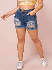 Ripped High Rise Button Denim Shorts