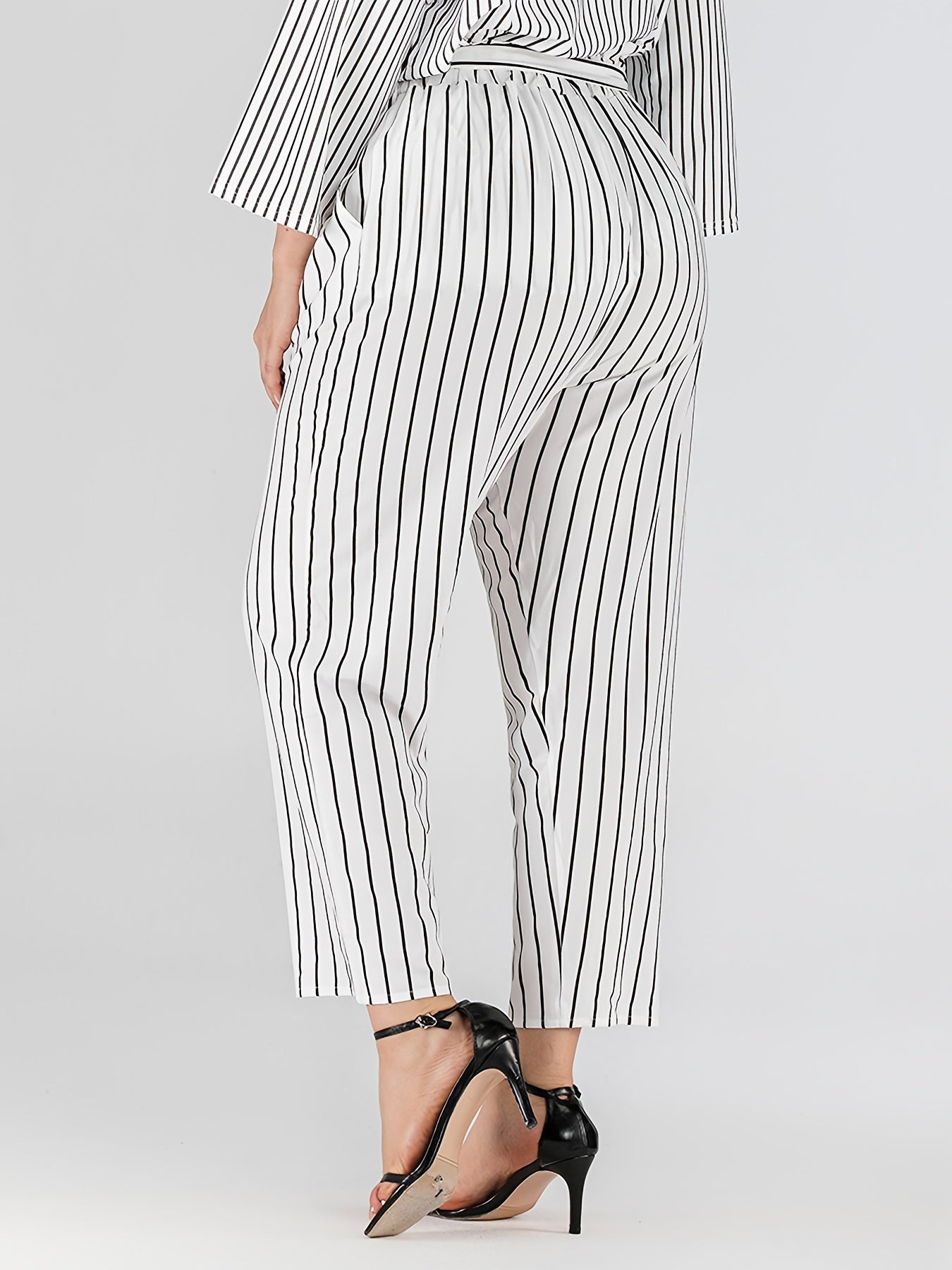 Striped Print Straight Leg Pants With Belt Women's Plus High Rise Loose Fit