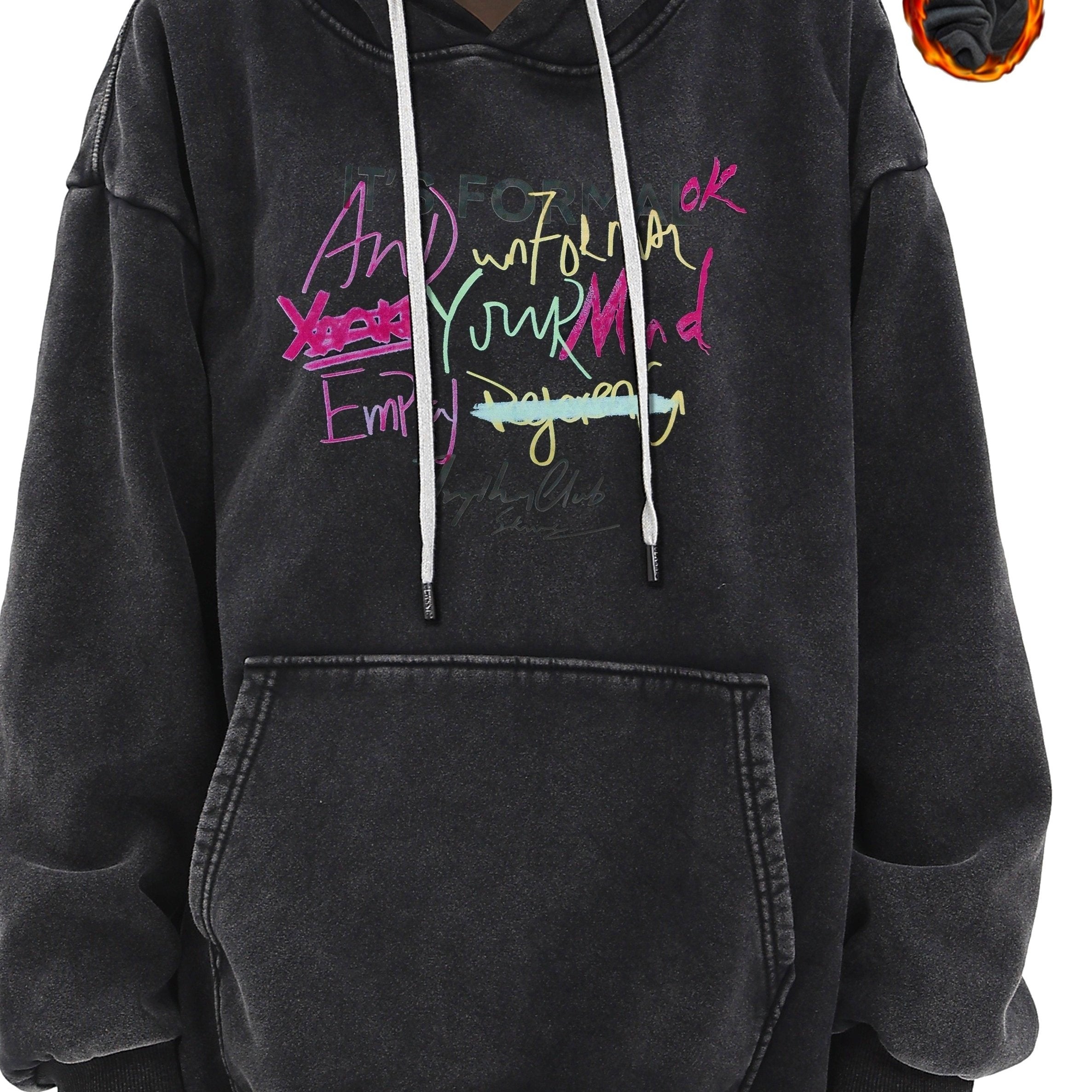 Y2K Denim Hoodie with Graffiti Print and Fleece Liner