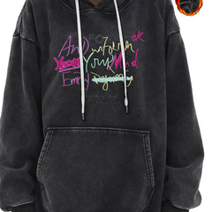 Y2K Denim Hoodie with Graffiti Print and Fleece Liner