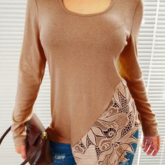 Knit Top Women's Plus Contrast Lace Long Sleeve Keyhole Top