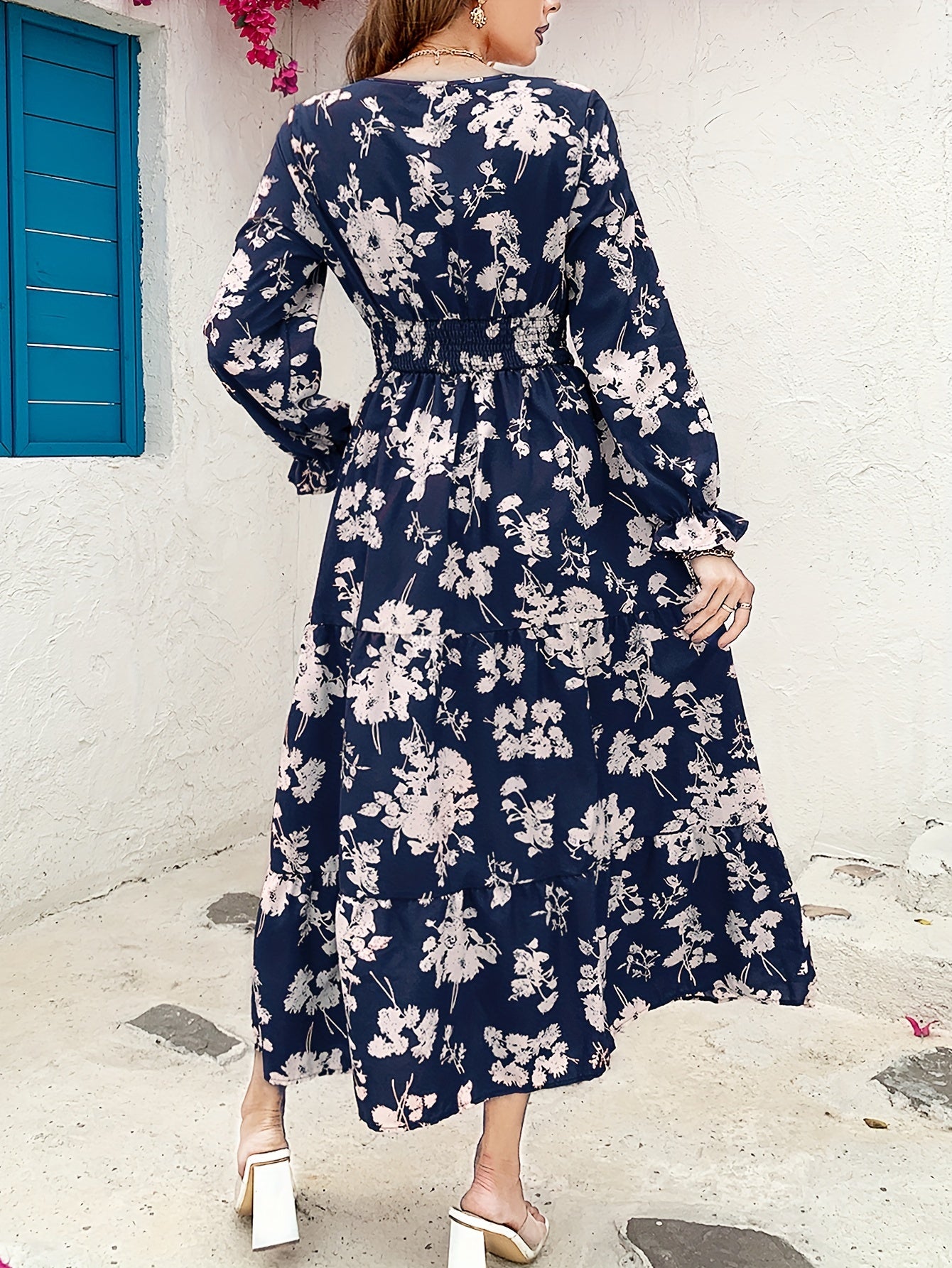 Floral Shirred Waist Maxi Dress Surplice Neck Lantern Sleeve