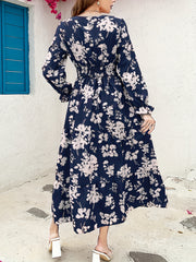 Floral Shirred Waist Maxi Dress Surplice Neck Lantern Sleeve