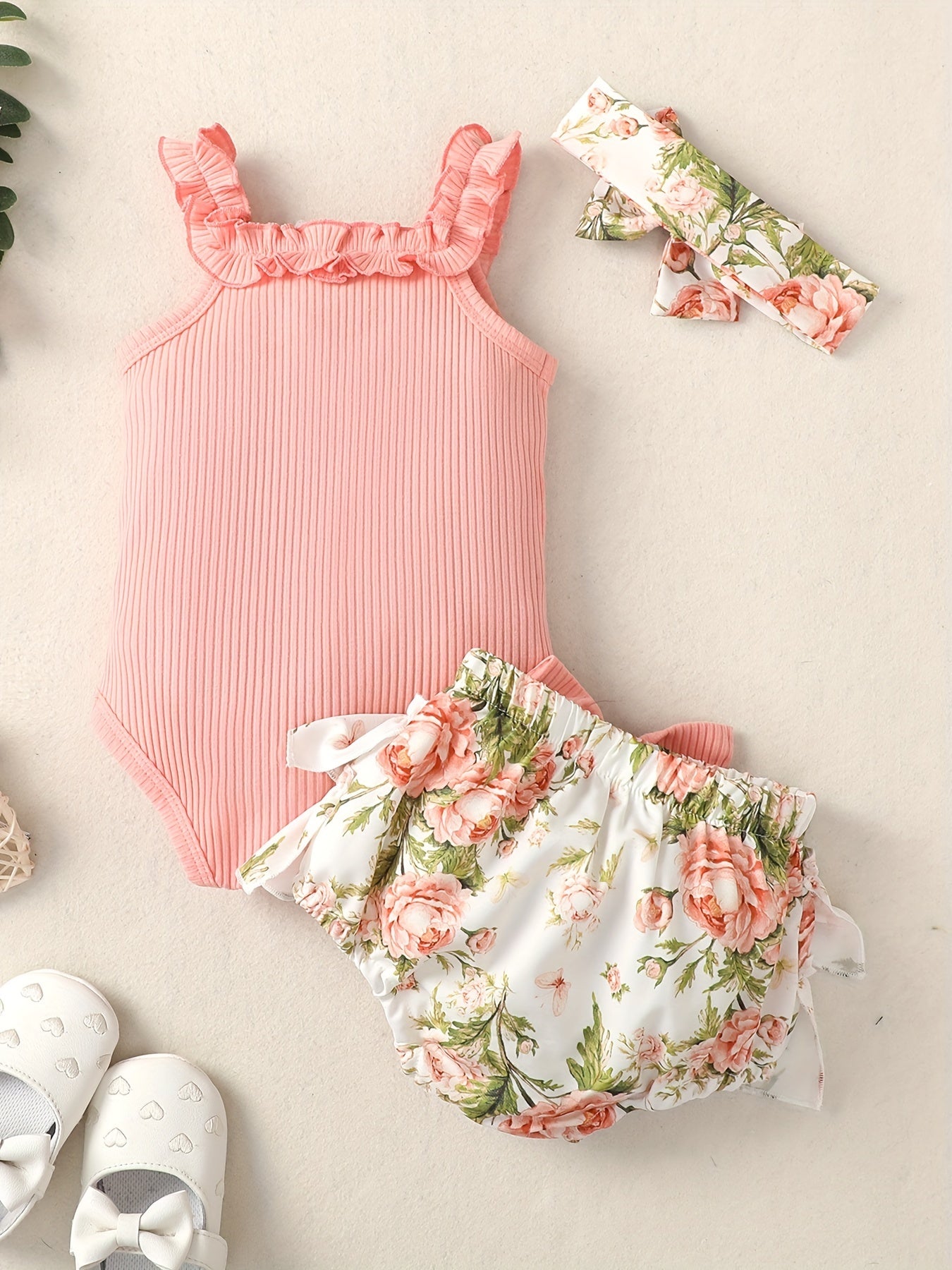 3pc Baby Girls Sleeveless Onesie & Floral Shorts Set