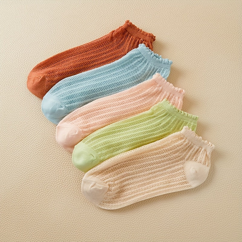 5 Pairs Striped Mesh Short Socks Comfort & Breathable Ankle Socks