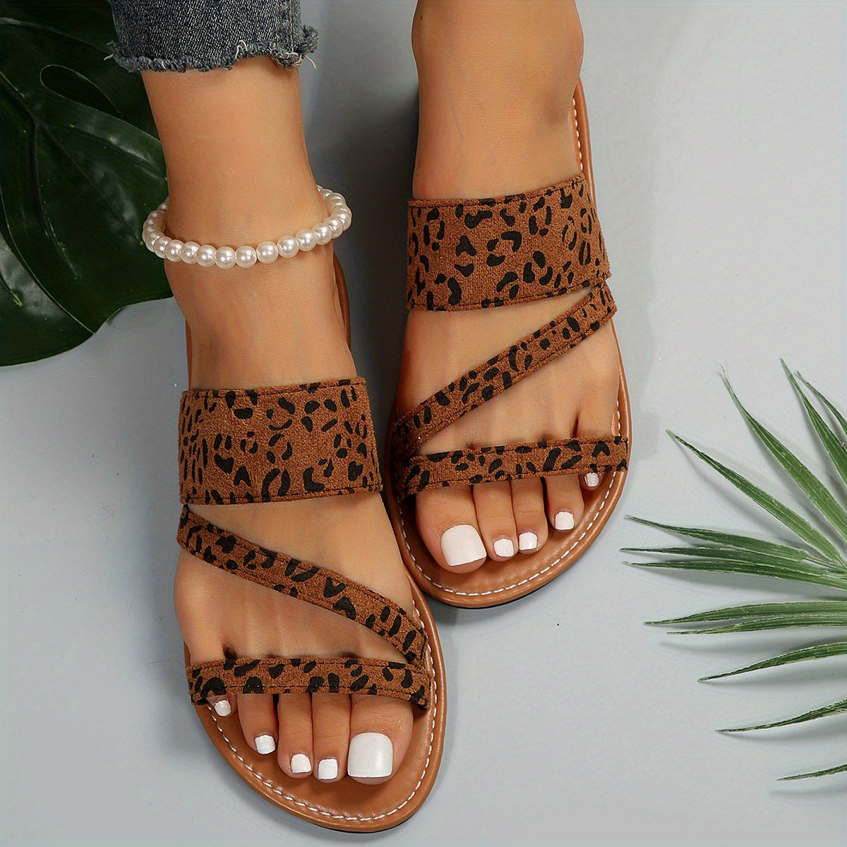 Leopard Print Slide Sandals Slip On Flat Summer Shoes Lightweight