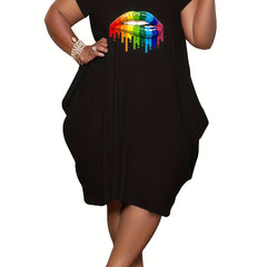 Plus Size Colorful Lip Print Short Sleeve Round Neck Dress