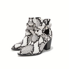 Snakeskin Ankle Boots Point Toe Back Zip Buckle Chunky Heel Shoes