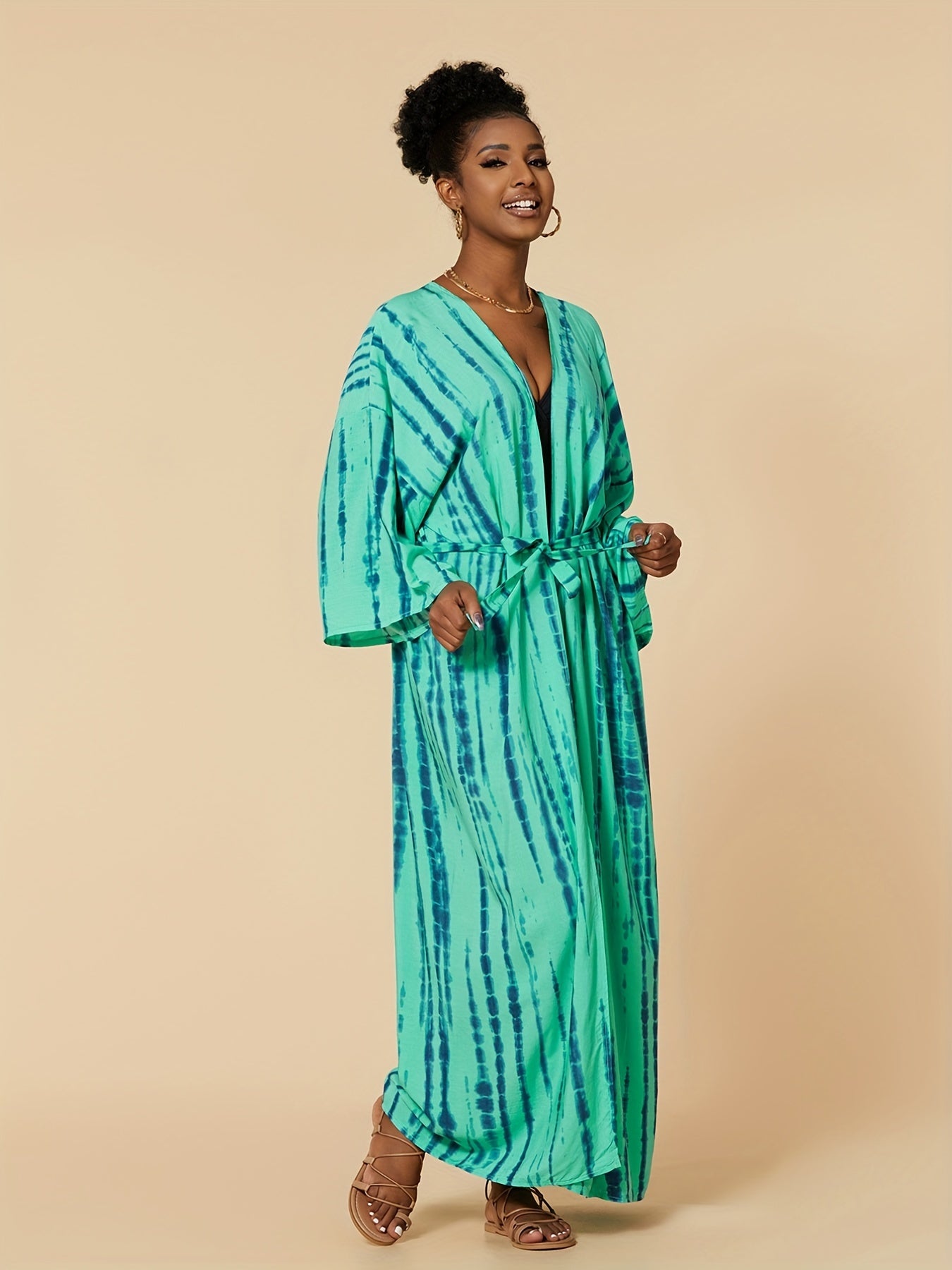 Boho Plus Tie Dye Striped Belted Cover Up