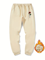 Men's Rose Flower Print Drawstring Fleece Sweatpants
