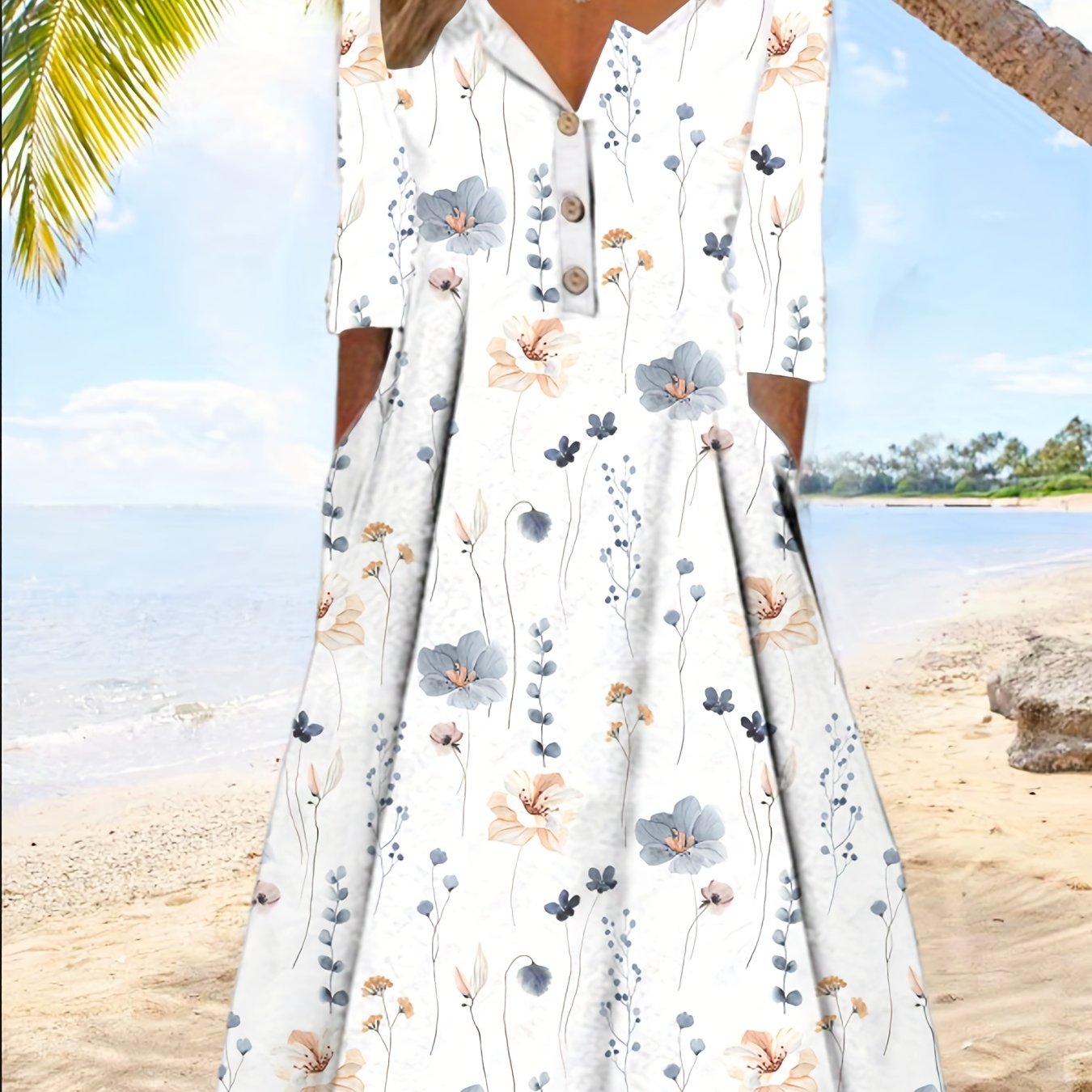 Floral Print Button Front Dress Casual Squared Neck Short Sleeve Dress