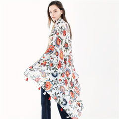 Flower Printed Fringe Shawl Large Sunscreen Blanket Long Shawl Wrap Scarf