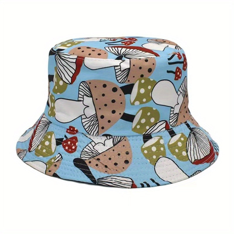 Mushroom Print Reversible Bucket Hat Unisex Outdoor Sun Cartoon Basin Hat