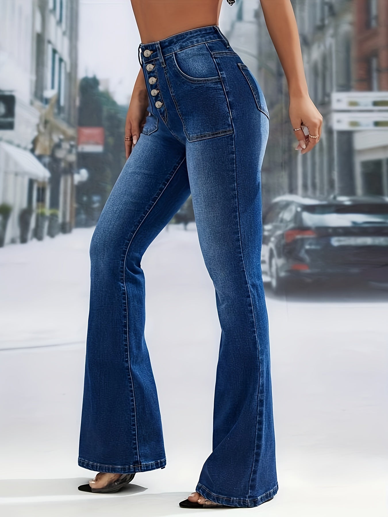 High Waist Flared Jeans Bell Bottom Denim Pants Women's Clothing